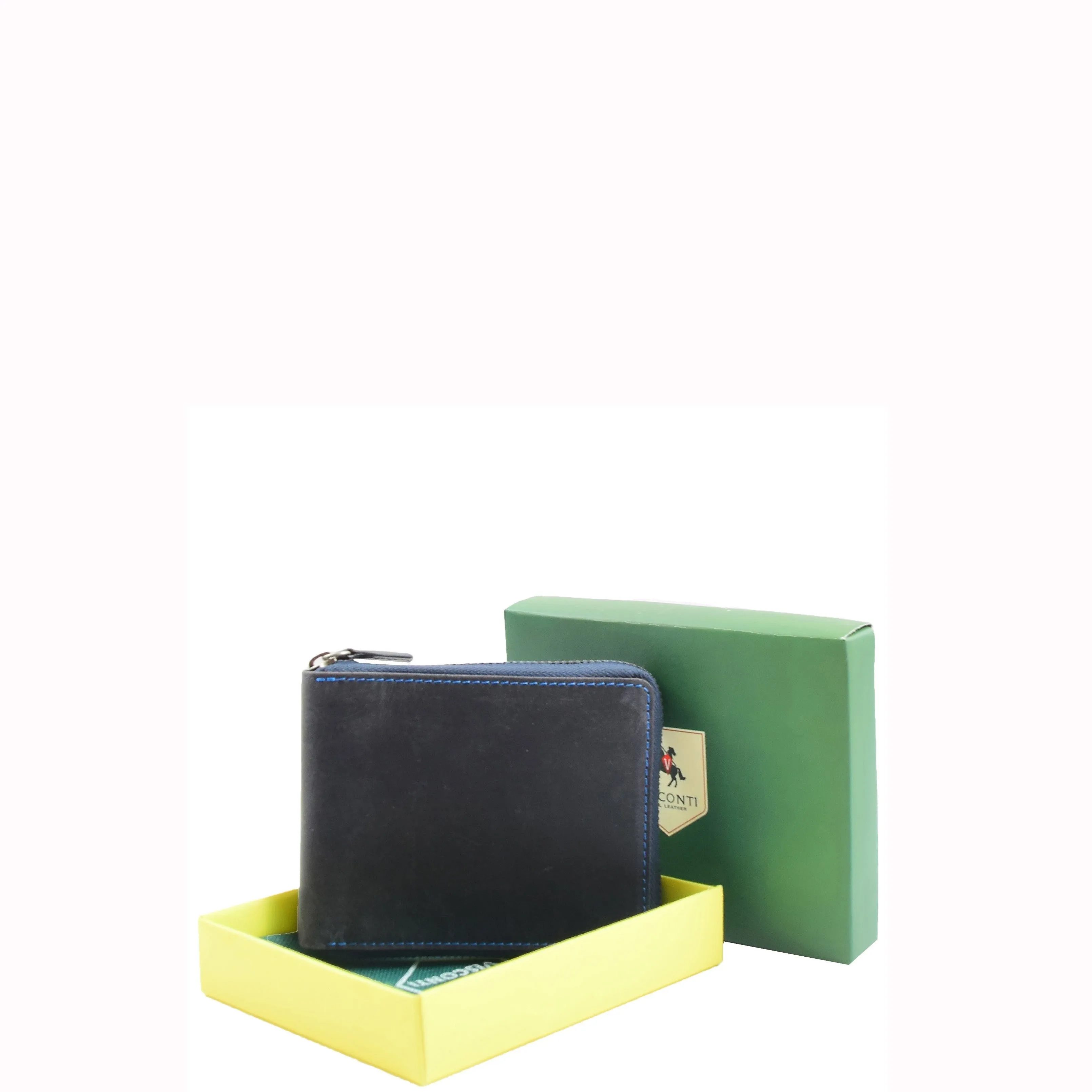 DR659 Men's Real Oiled Leather Round Zip RFID Wallet Blue