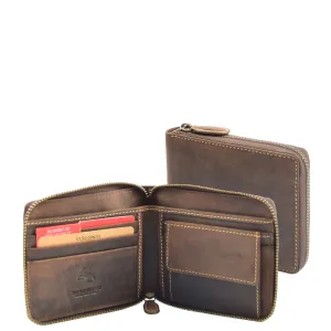 DR659 Men's Real Oiled Leather Round Zip RFID Wallet Brown