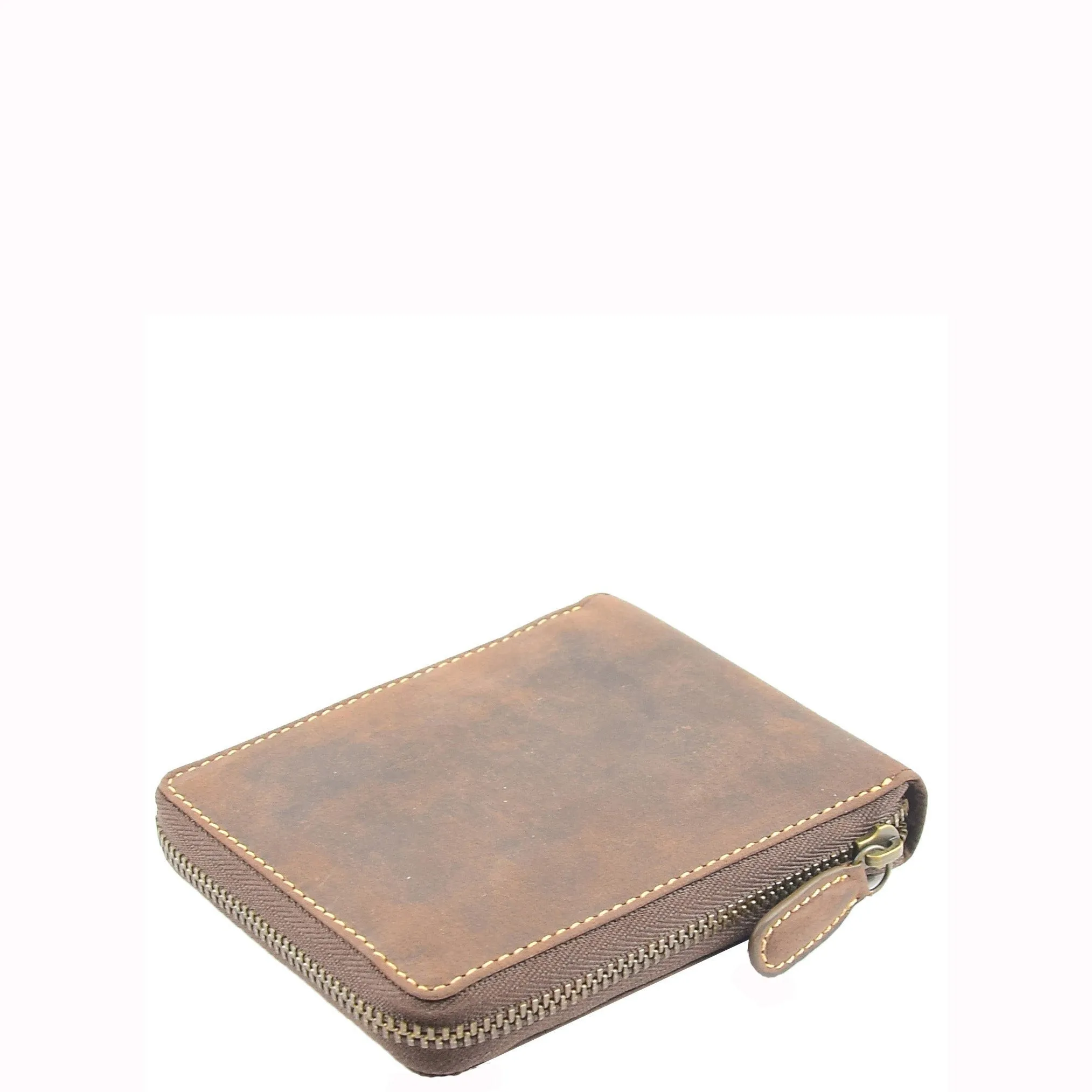 DR659 Men's Real Oiled Leather Round Zip RFID Wallet Brown