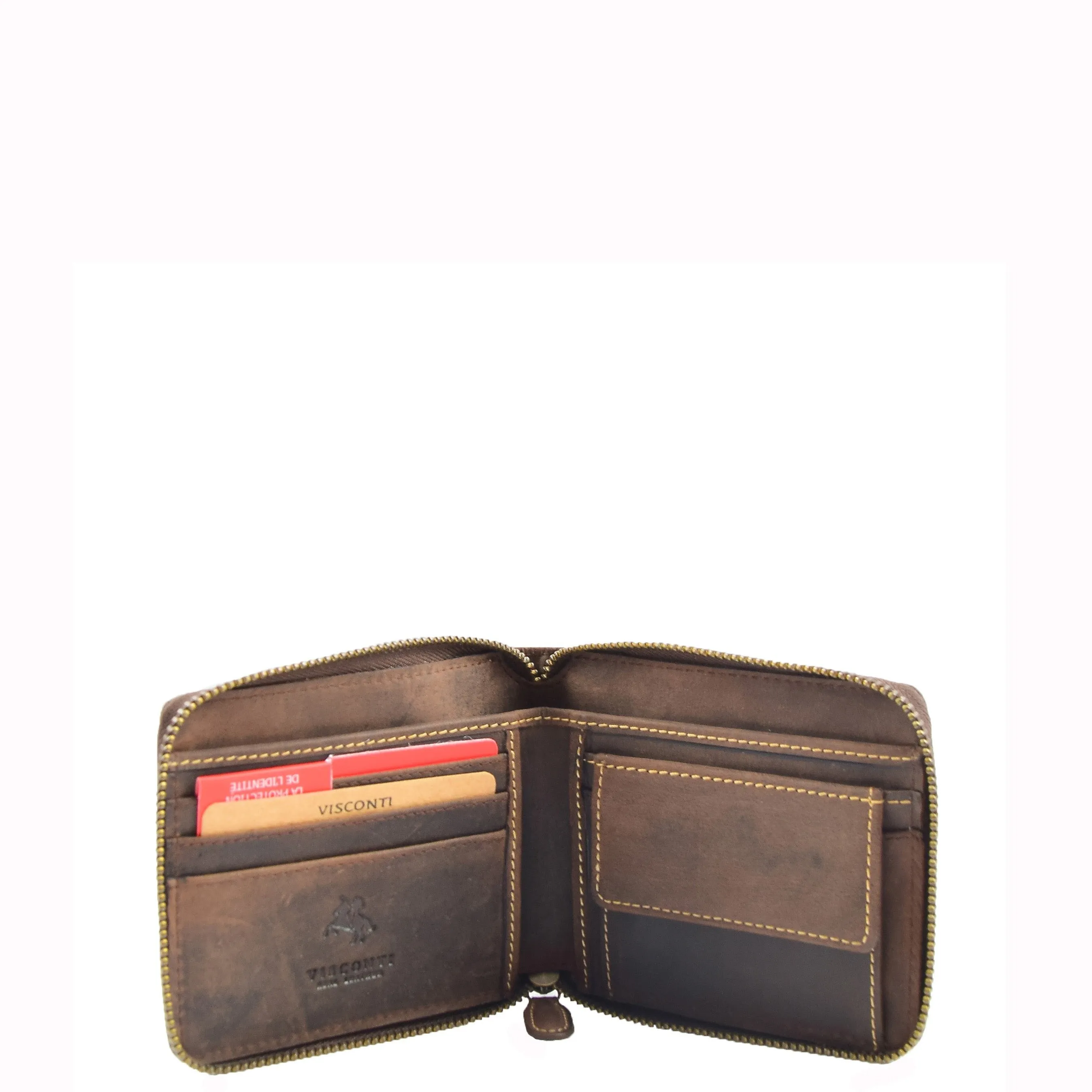 DR659 Men's Real Oiled Leather Round Zip RFID Wallet Brown