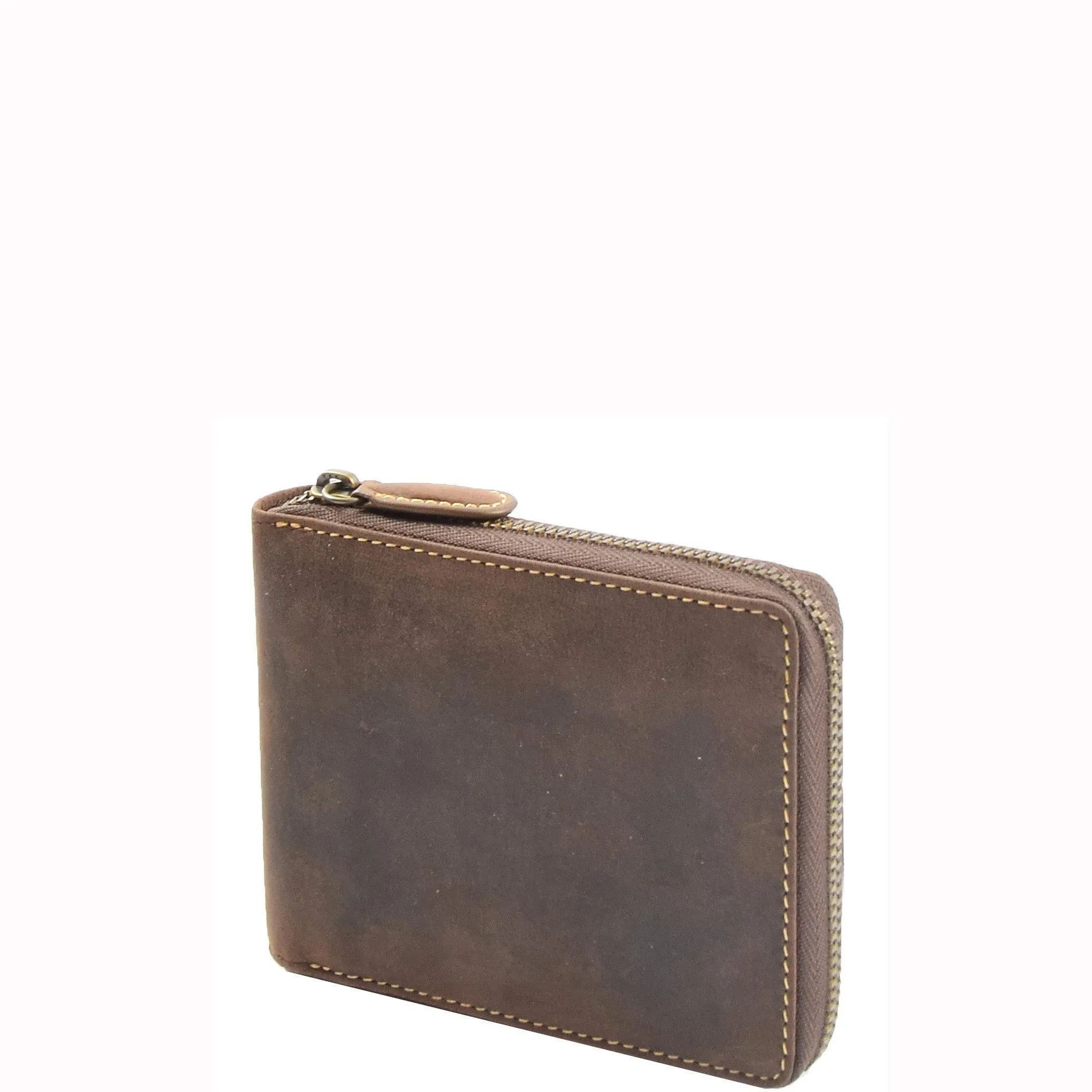 DR659 Men's Real Oiled Leather Round Zip RFID Wallet Brown