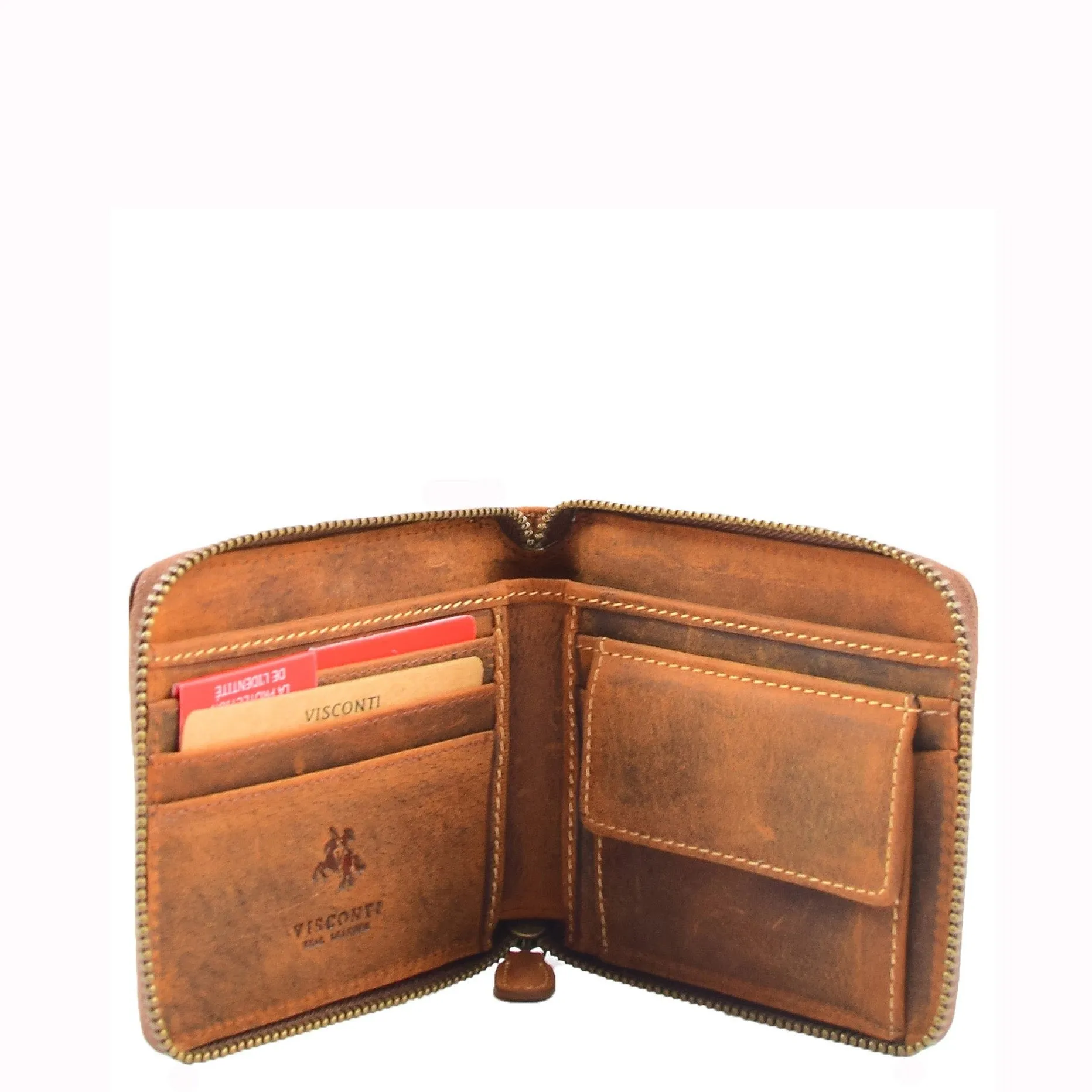 DR659 Men's Real Oiled Leather Round Zip RFID Wallet Tan