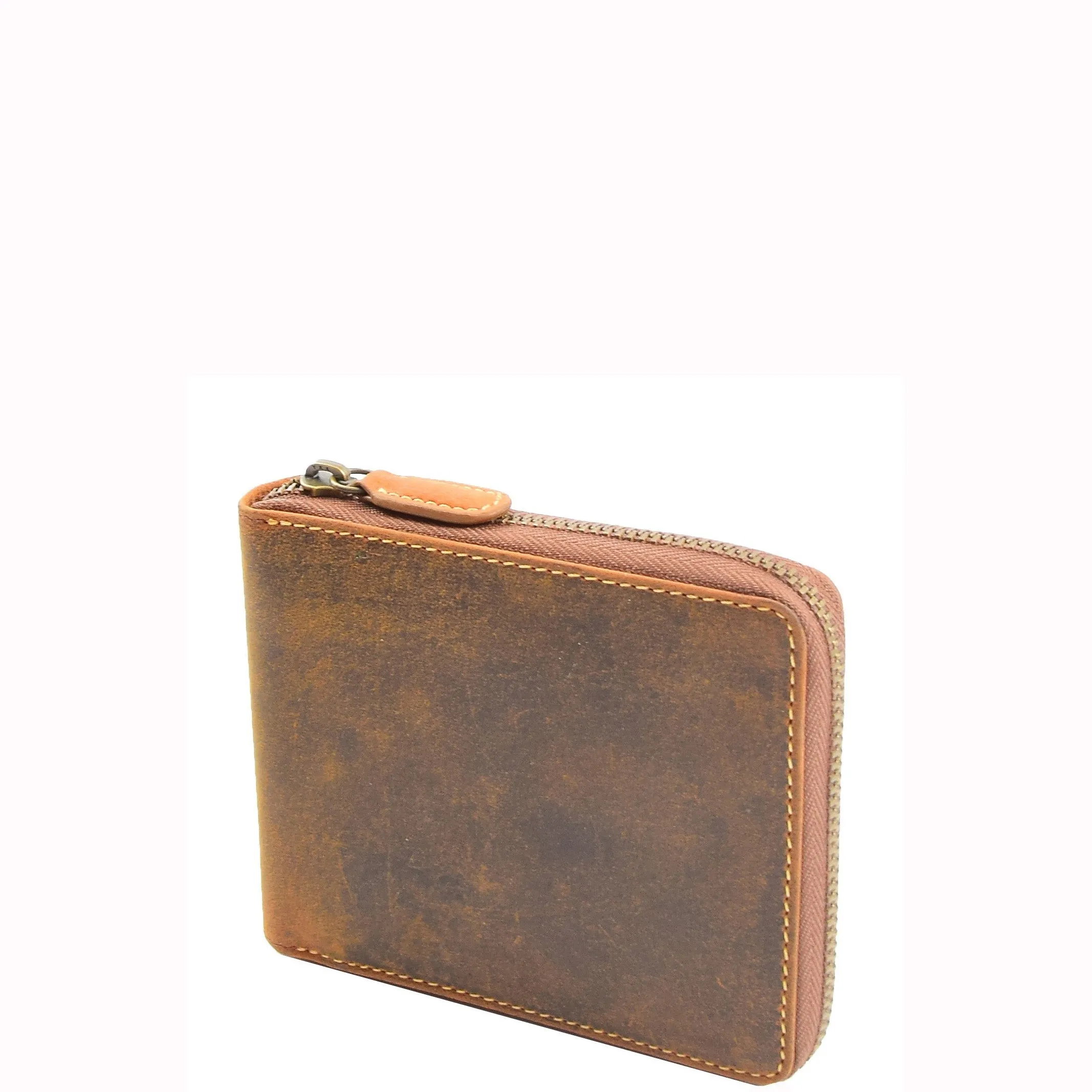 DR659 Men's Real Oiled Leather Round Zip RFID Wallet Tan