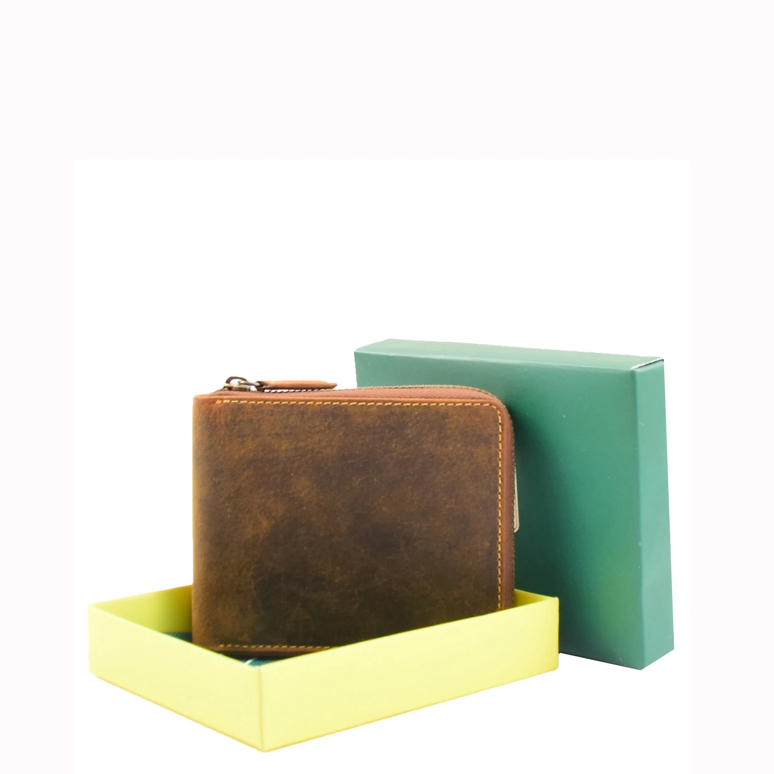 DR659 Men's Real Oiled Leather Round Zip RFID Wallet Tan