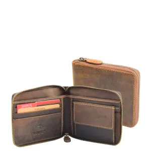 DR659 Men's Real Oiled Leather Round Zip RFID Wallet Tan