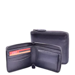 DR660 Men's Soft Genuine Leather Zip Around RFID Wallet Black