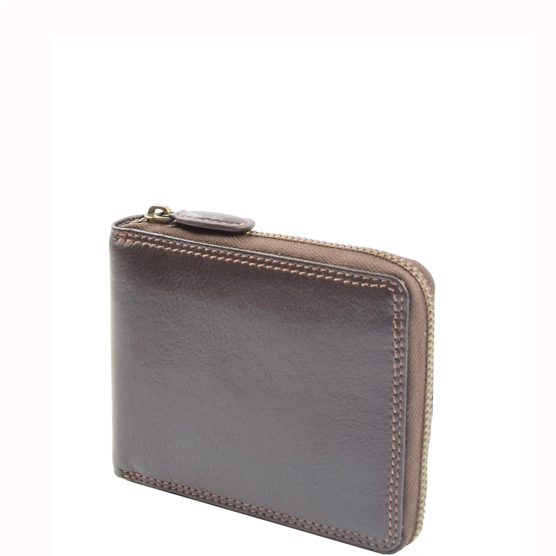 DR660 Men's Soft Genuine Leather Zip Around RFID Wallet Brown