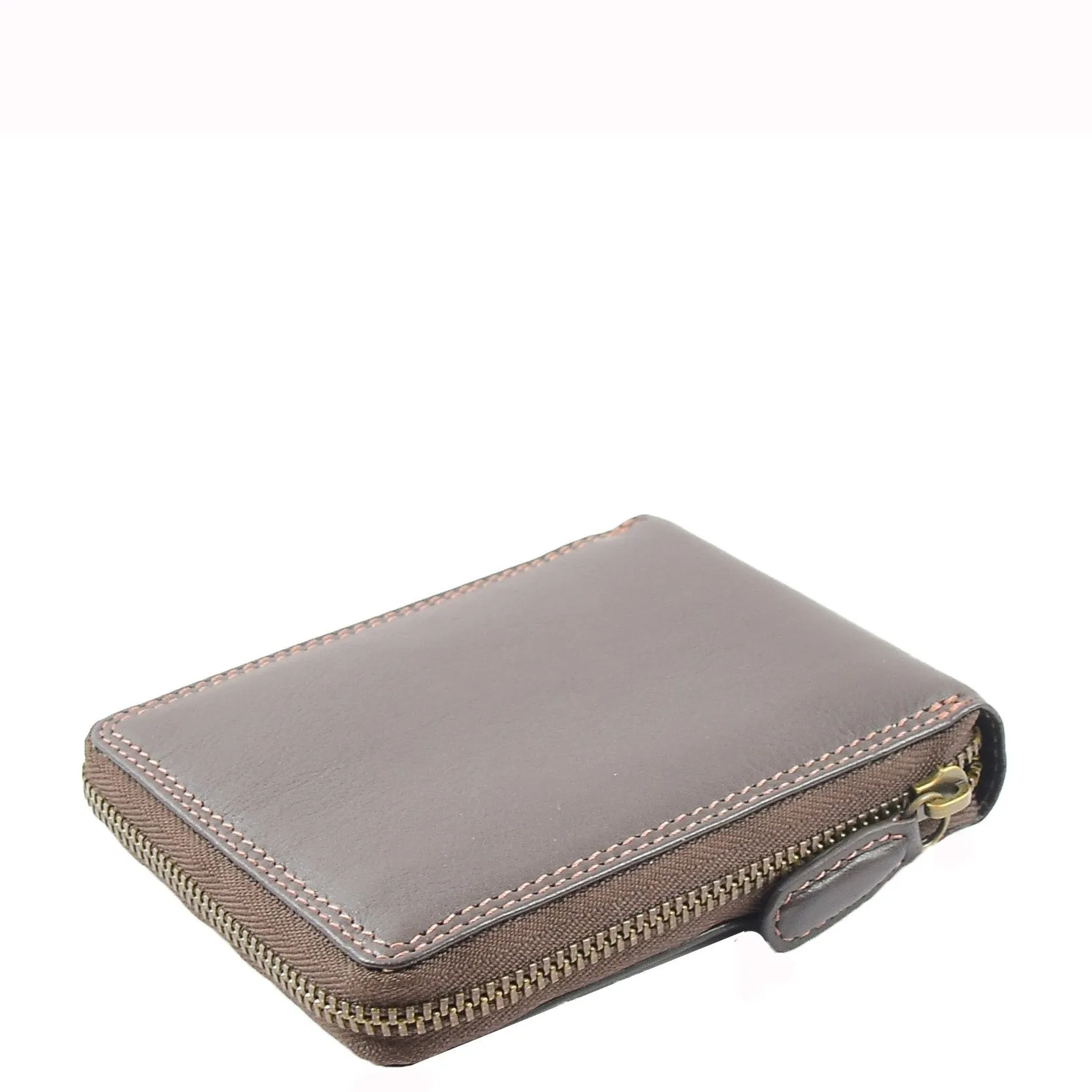 DR660 Men's Soft Genuine Leather Zip Around RFID Wallet Brown