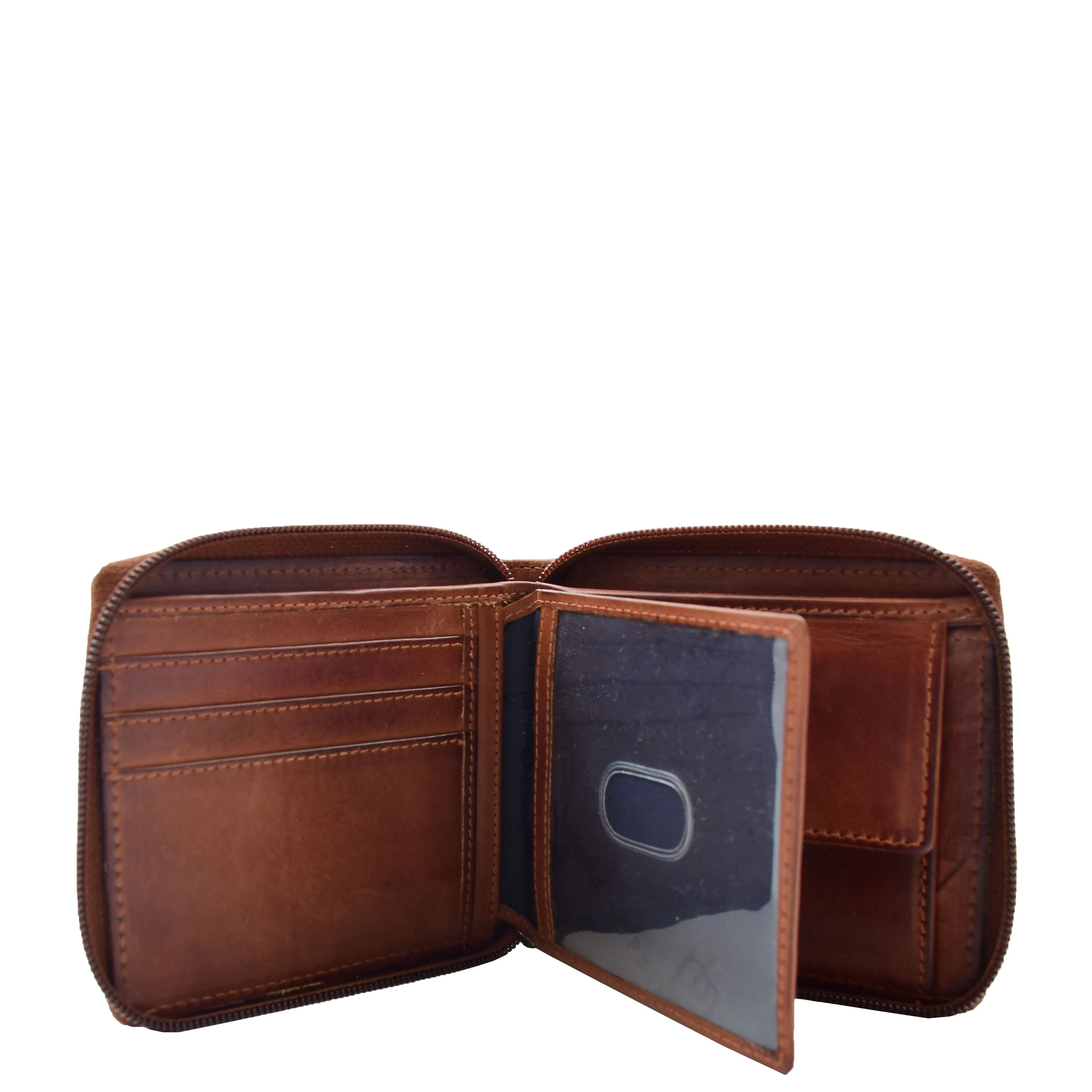 DR663 Men's Real Leather Zipper RFID Wallet Brown
