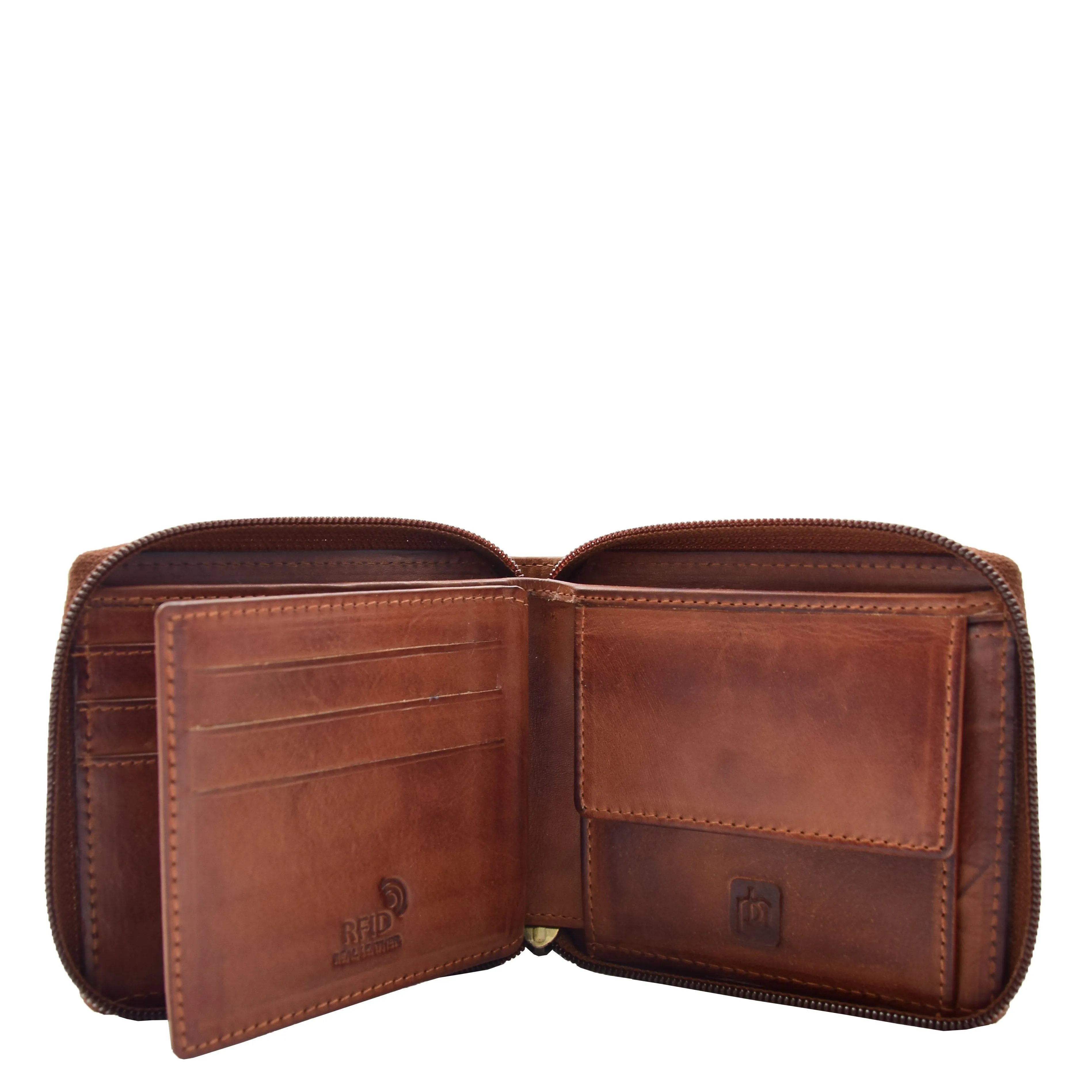DR663 Men's Real Leather Zipper RFID Wallet Brown