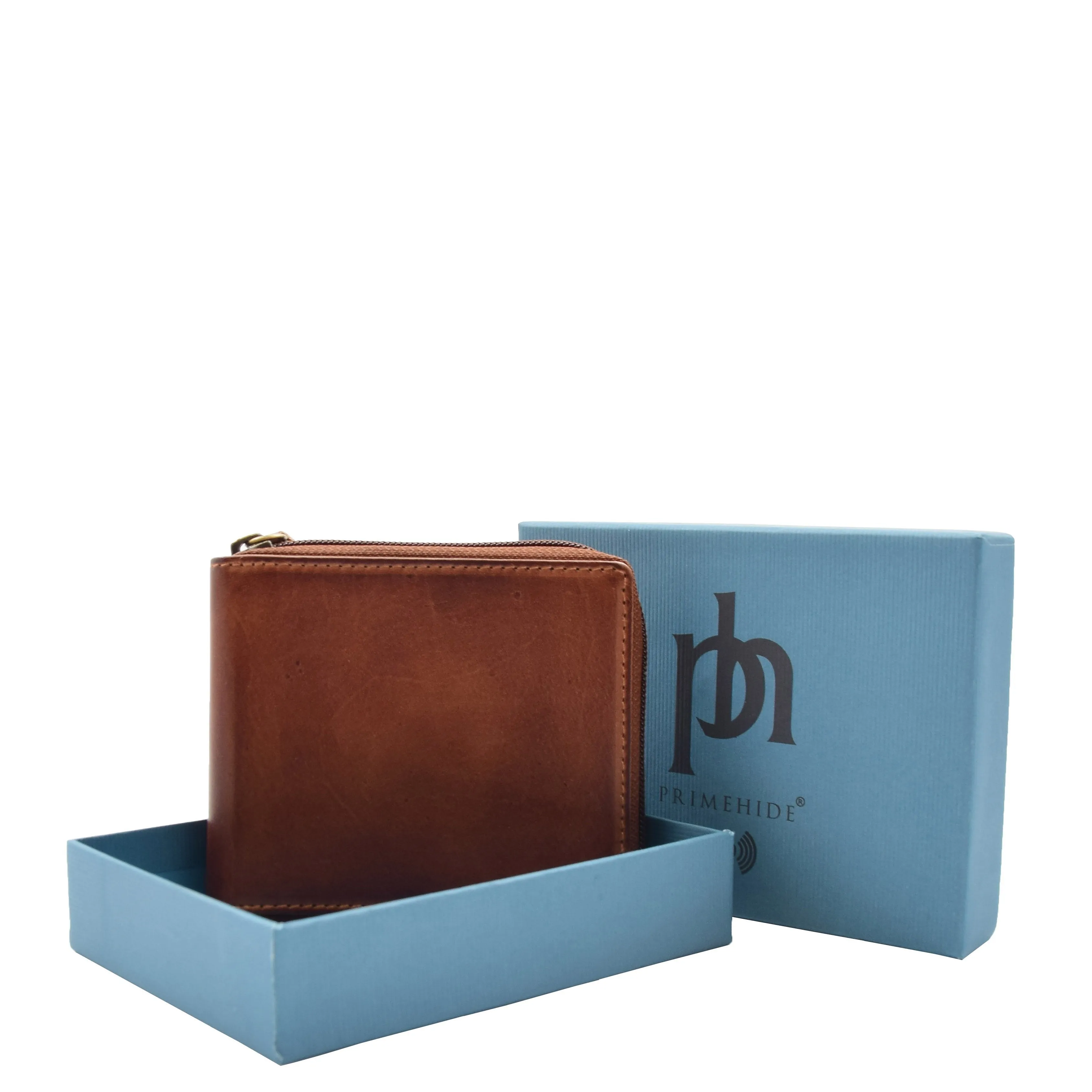 DR663 Men's Real Leather Zipper RFID Wallet Brown