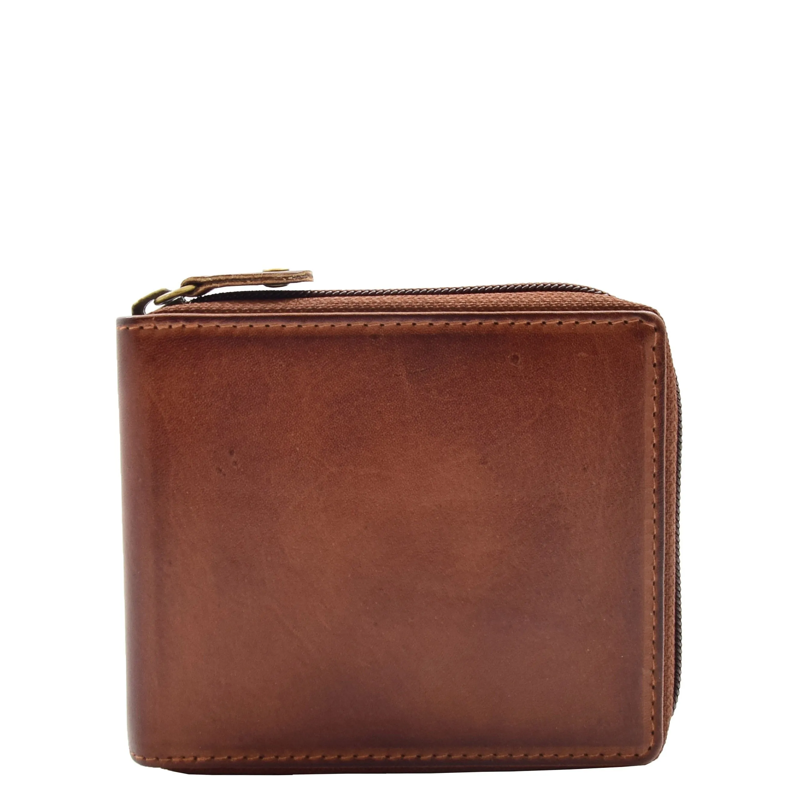DR663 Men's Real Leather Zipper RFID Wallet Brown