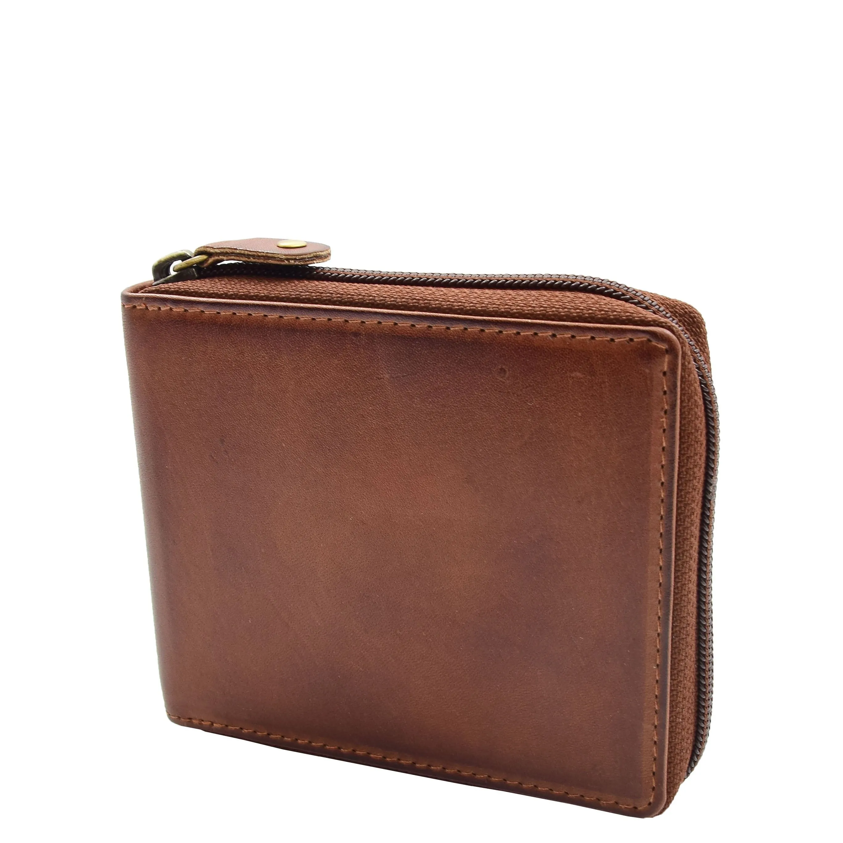 DR663 Men's Real Leather Zipper RFID Wallet Brown