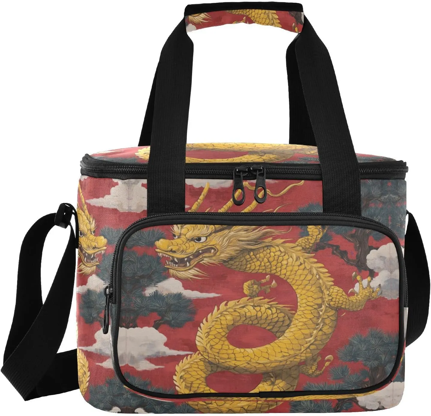 Dragon Pine Trees Red Insulated Cooler Bag for Women Men Leakproof 24 Can Camping Cooler Totes for Travel Outdoors Trip