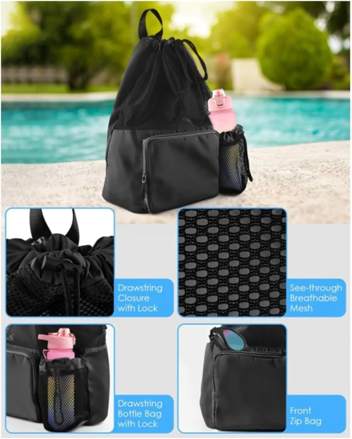 Drawstring Gym Bag with Shoe Compartment & 2 Bottle Holders,Sports Backpack for Gym, Travel, Workouts (black,20-35L)