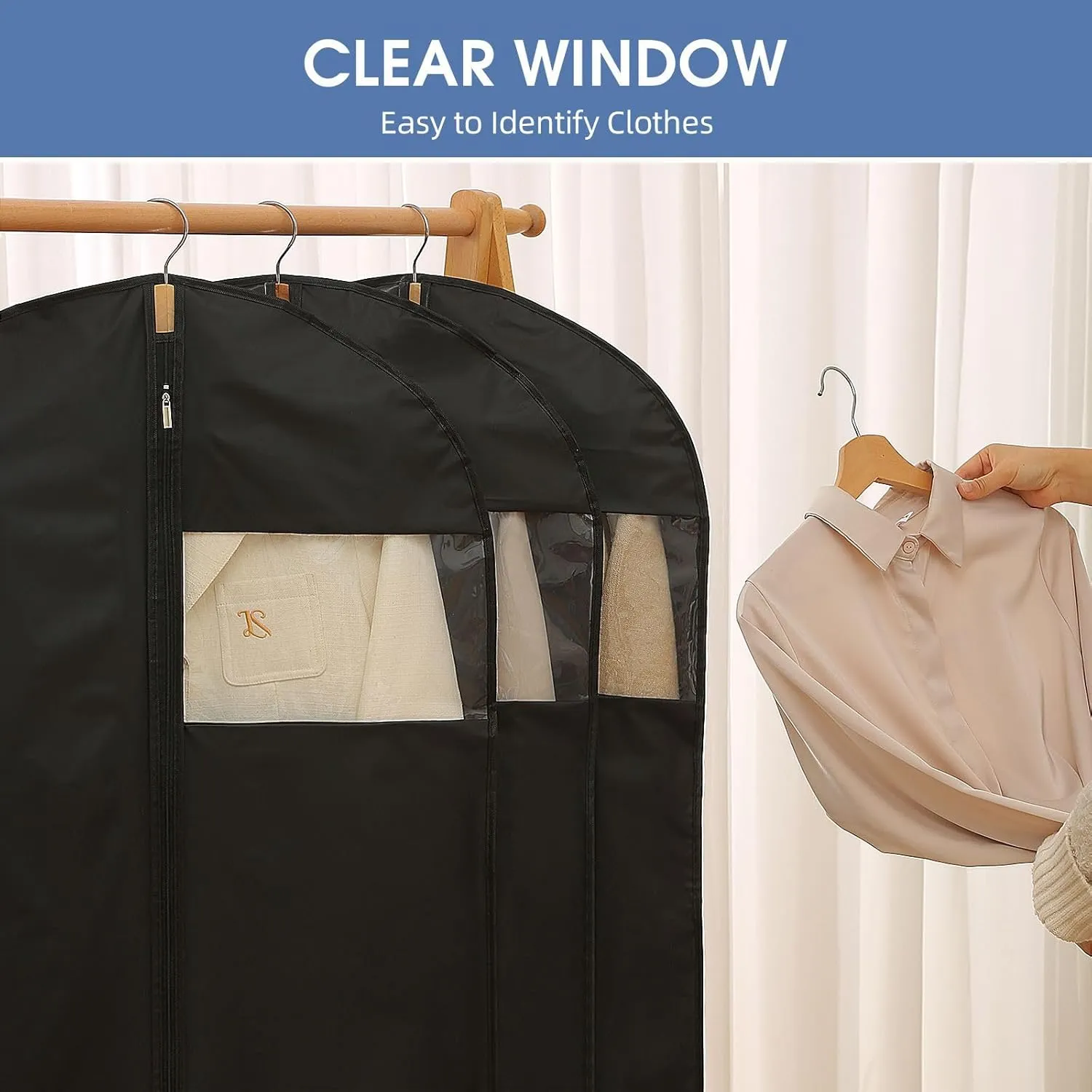 Dress Bags for Gowns, 65'' Long Garment Bags for Hanging Clothes, Dress Garment Bag, Black Dress Bag with Clear Window for Dresses, Coats, Uniforms（5 Packs）