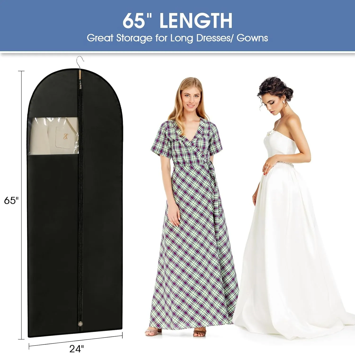 Dress Bags for Gowns, 65'' Long Garment Bags for Hanging Clothes, Dress Garment Bag, Black Dress Bag with Clear Window for Dresses, Coats, Uniforms（5 Packs）