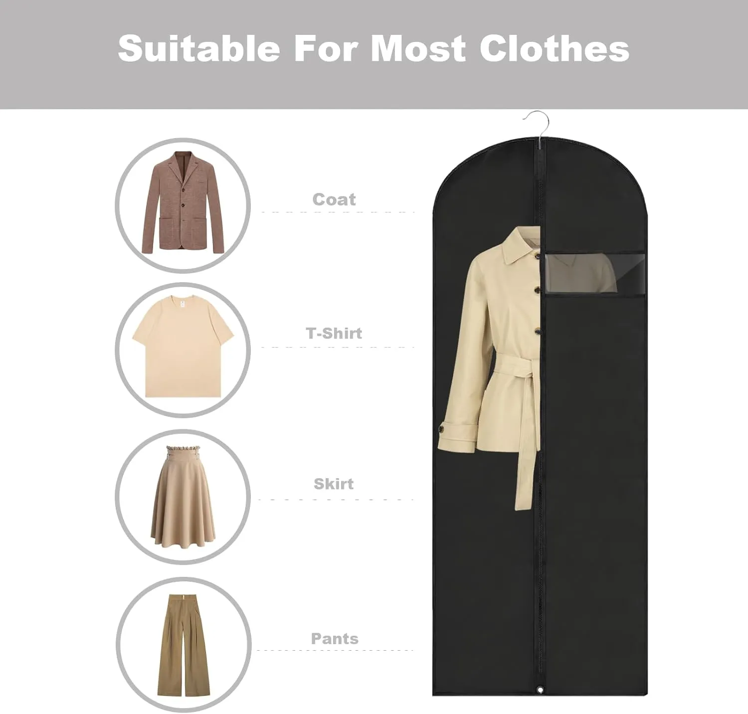 Dress Bags for Gowns Long, 60'' Garment Bags for Hanging Clothes, Suit Bag Cover for Storage and Travel, 2 Pack (Black)