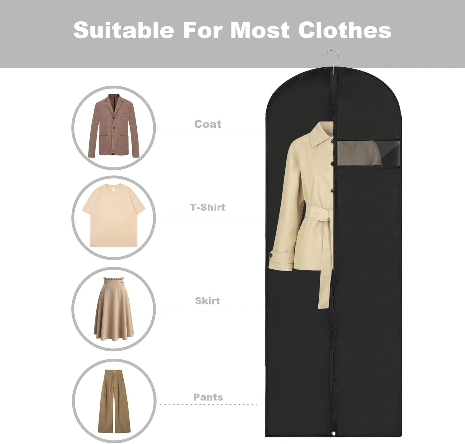 Dress Bags for Gowns Long, 65'' Garment Bags for Hanging Clothes, Suit Bag Cover for Storage and Travel, 2 Pack (Black)