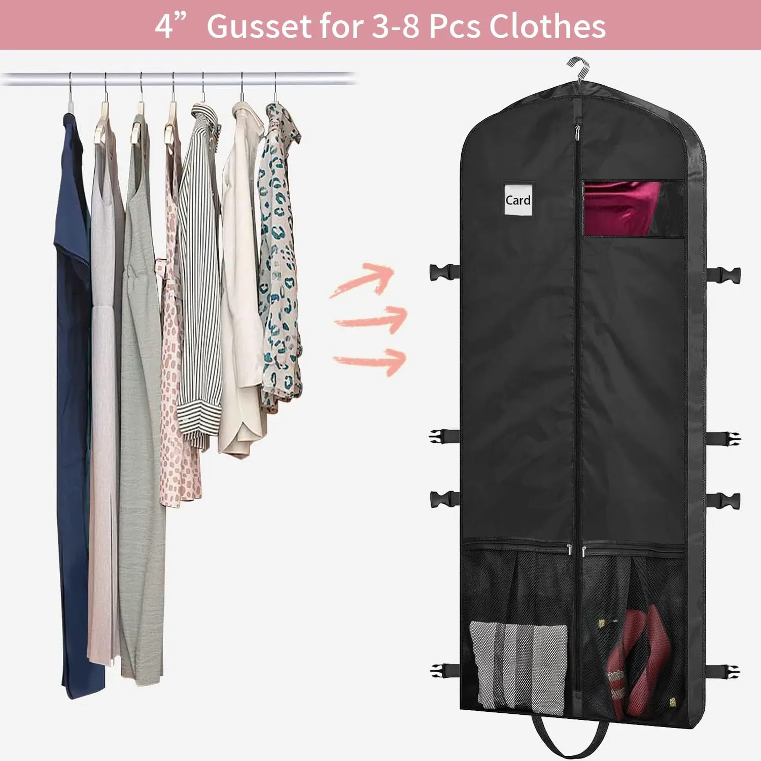 Dress Bags for Gowns Long, 65" Dress Garment Bags for Travel, Formal Dress Garment Bag for Hanging Clothes Closet Storage with Pockets and Buckles, Foldable Dress Cover for Fur Coat