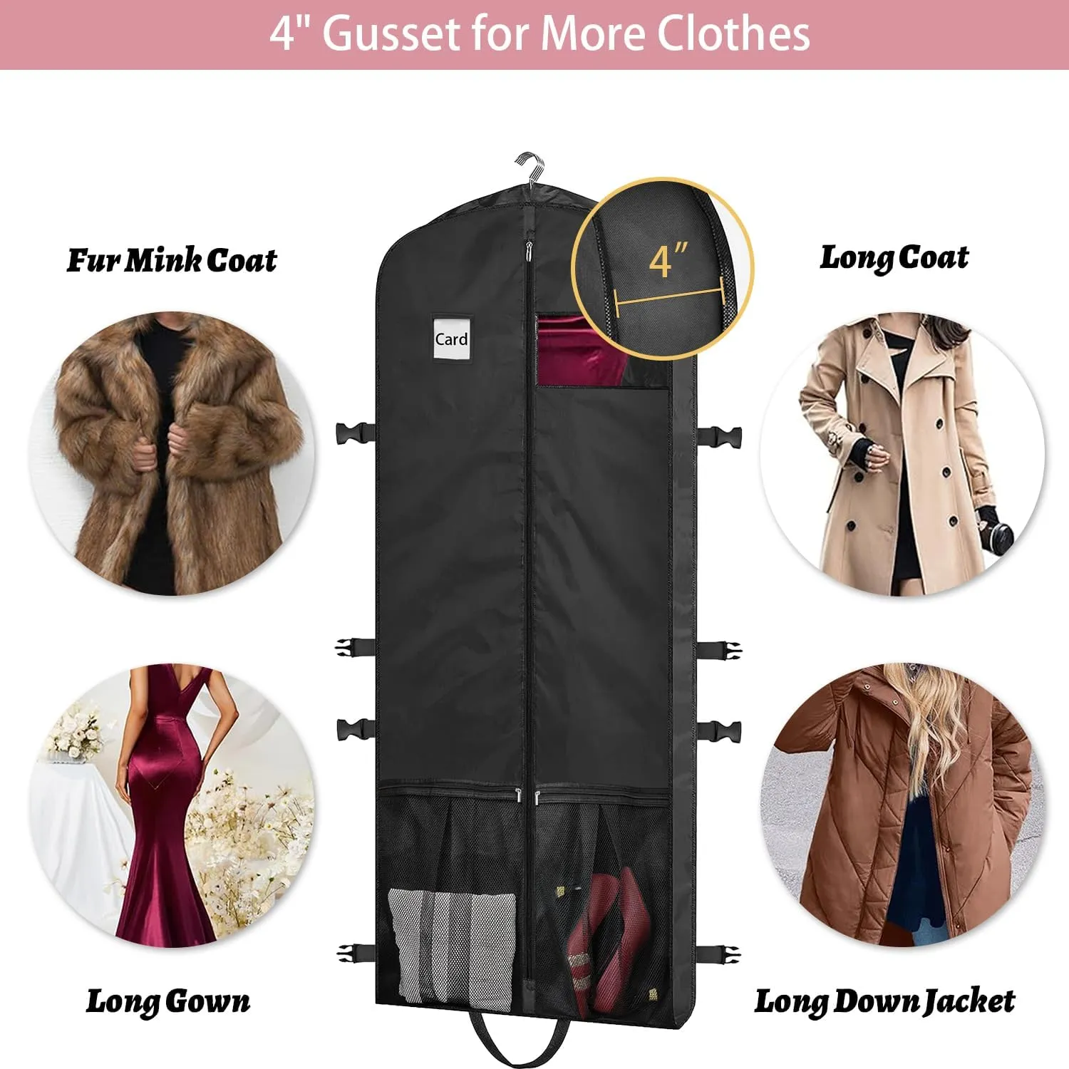 Dress Bags for Gowns Long, 65" Dress Garment Bags for Travel, Formal Dress Garment Bag for Hanging Clothes Closet Storage with Pockets and Buckles, Foldable Dress Cover for Fur Coat