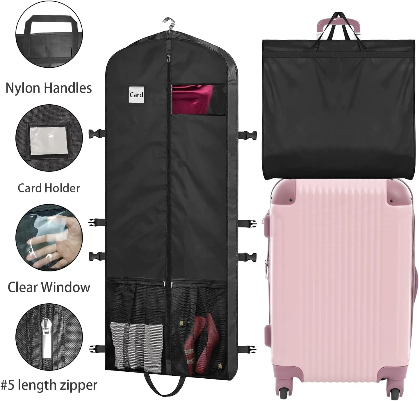 Dress Bags for Gowns Long, 65" Dress Garment Bags for Travel, Formal Dress Garment Bag for Hanging Clothes Closet Storage with Pockets and Buckles, Foldable Dress Cover for Fur Coat