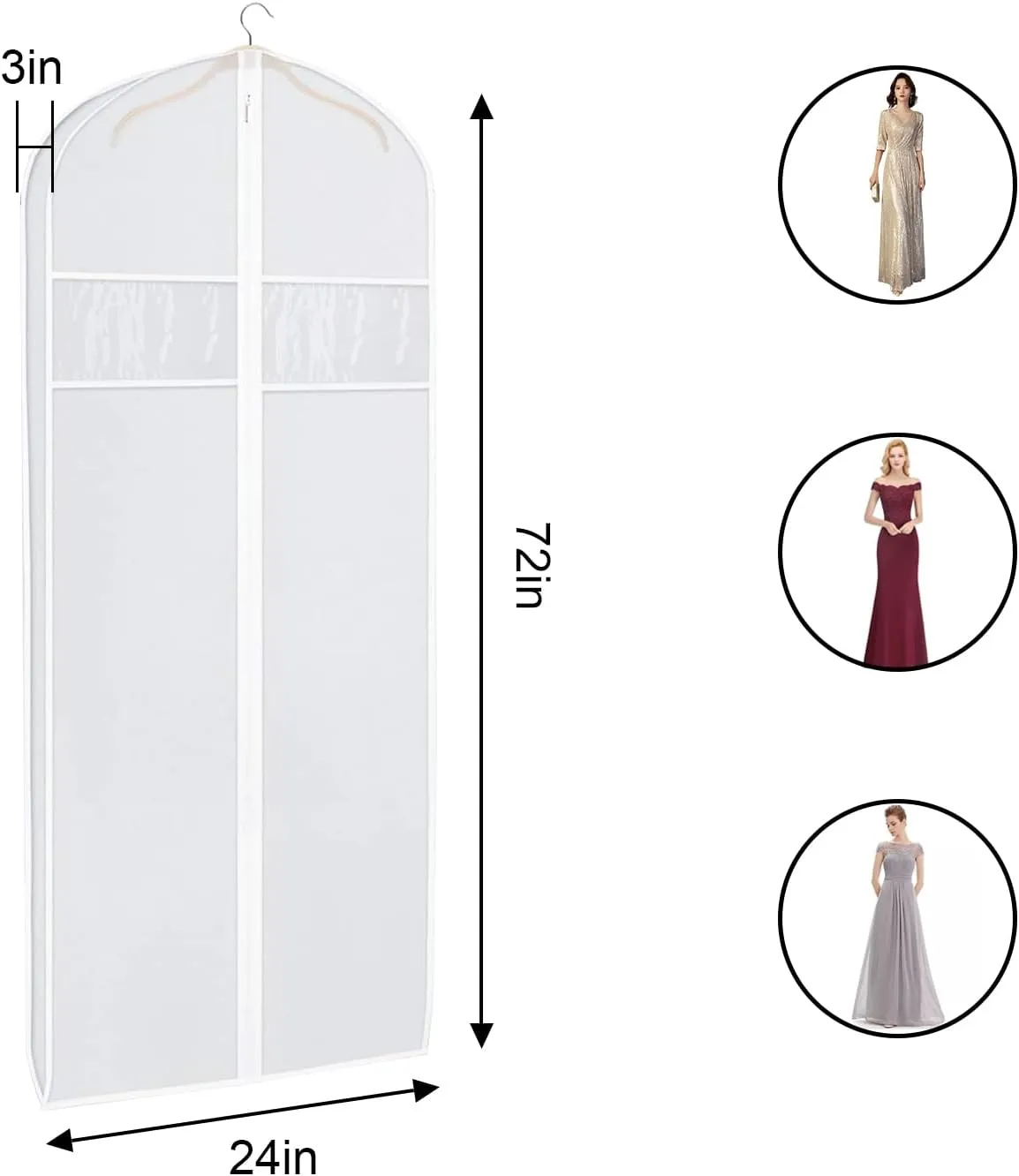 Dress Bags, Long Dress Garments Bags with Clear Window and Zipper, Suit Cover Protecting Dusts for Storage, Hanging Clothes Cover Bags for Long Dresses, Coat, Gown (24” x 72” x 3”, 2 Pack)