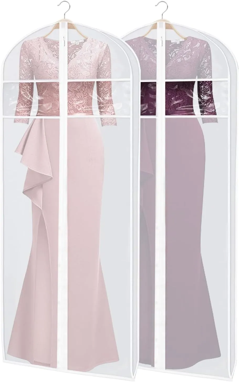 Dress Bags, Long Dress Garments Bags with Clear Window and Zipper, Suit Cover Protecting Dusts for Storage, Hanging Clothes Cover Bags for Long Dresses, Coat, Gown (24” x 72” x 3”, 2 Pack)