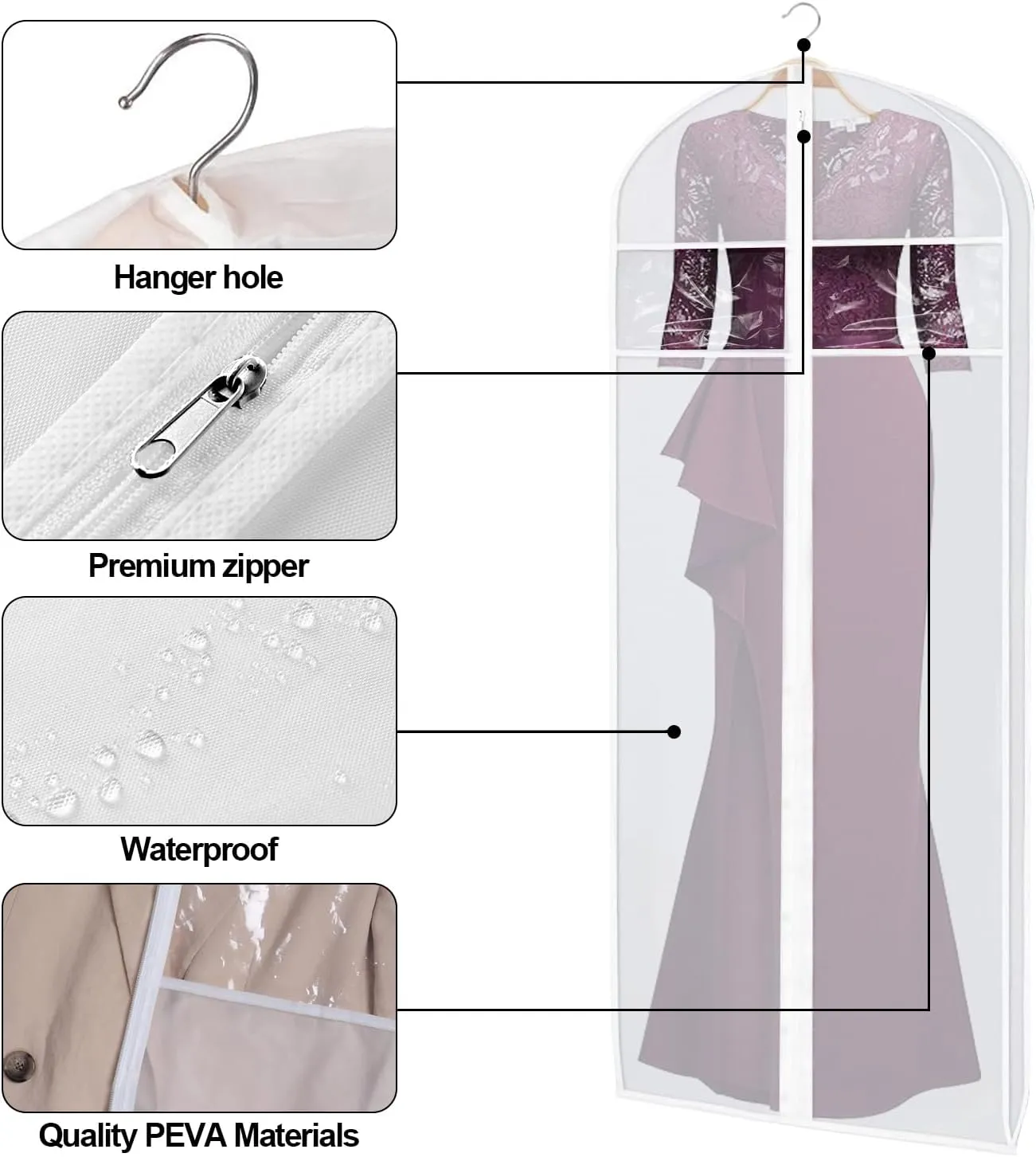 Dress Bags, Long Dress Garments Bags with Clear Window and Zipper, Suit Cover Protecting Dusts for Storage, Hanging Clothes Cover Bags for Long Dresses, Coat, Gown (24” x 72” x 3”, 2 Pack)