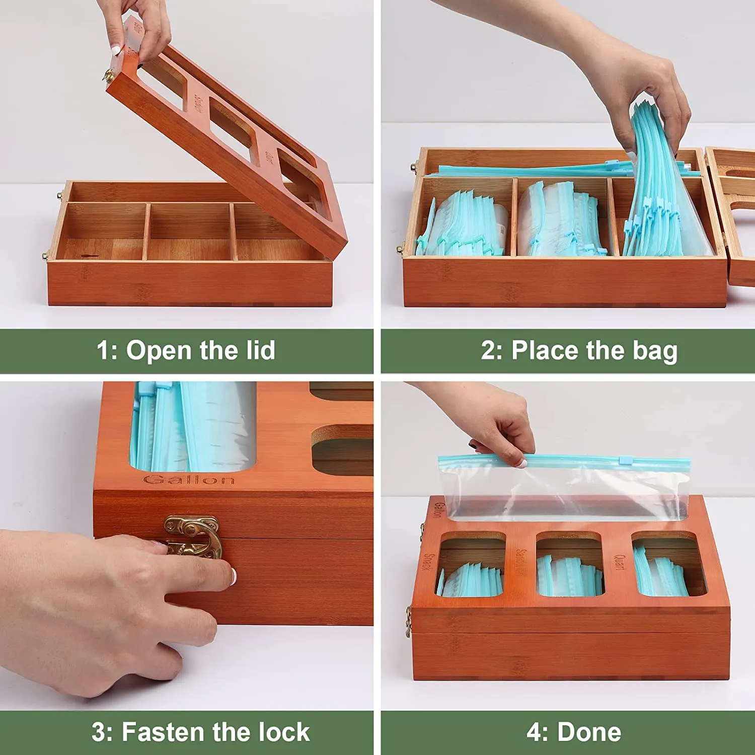 DZDOV Ziplock Bag Organizer, Bamboo Food Storage Bag Organizer Holder with Metal Reinforced Lock, Baggie Organizer Dispenser Suitable for Gallon, Quart, Sandwich, and Snack Variety Size Bags