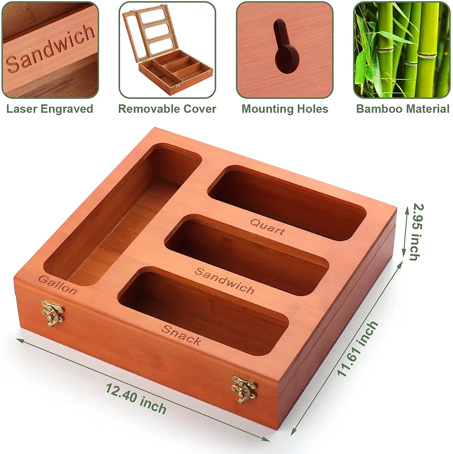 DZDOV Ziplock Bag Organizer, Bamboo Food Storage Bag Organizer Holder with Metal Reinforced Lock, Baggie Organizer Dispenser Suitable for Gallon, Quart, Sandwich, and Snack Variety Size Bags