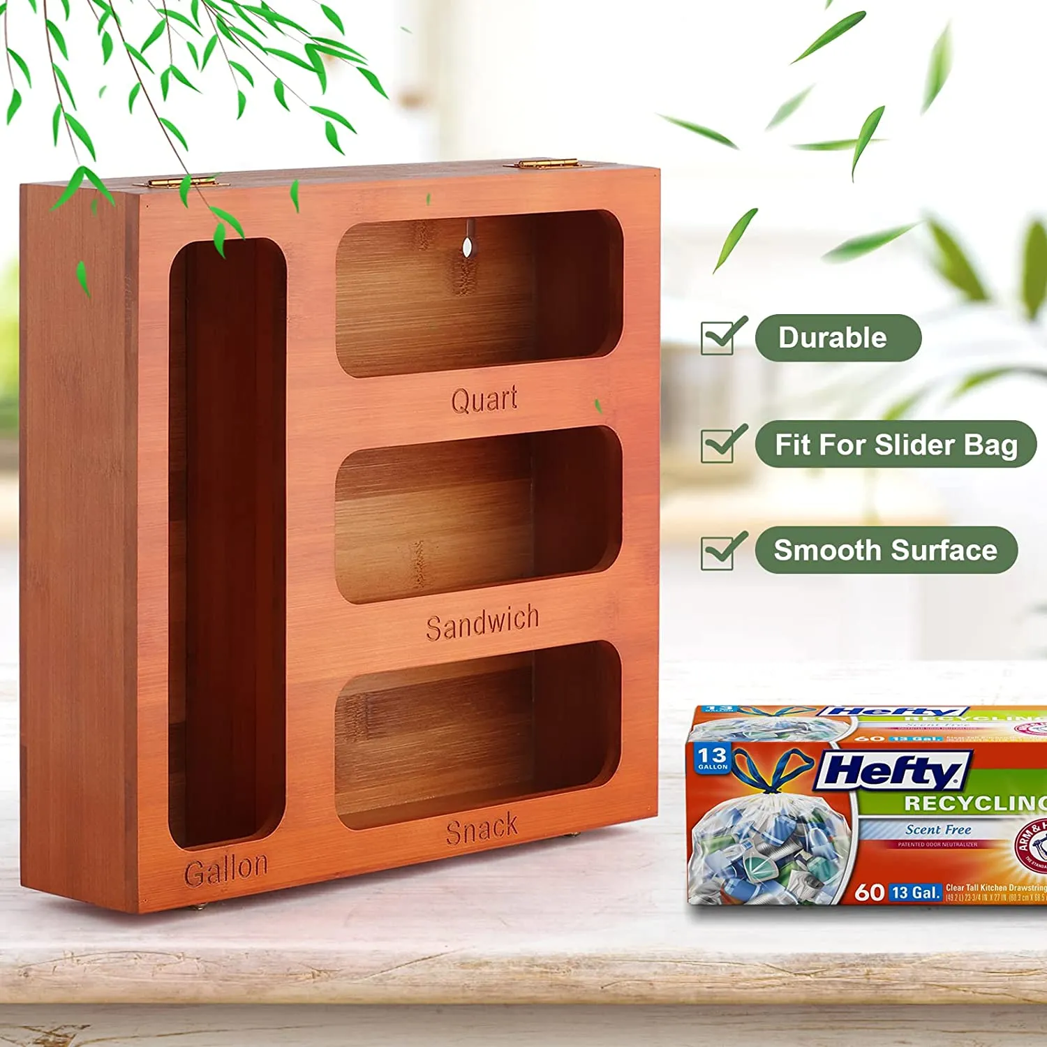 DZDOV Ziplock Bag Organizer, Bamboo Food Storage Bag Organizer Holder with Metal Reinforced Lock, Baggie Organizer Dispenser Suitable for Gallon, Quart, Sandwich, and Snack Variety Size Bags