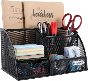 EasyPAG Mesh Desk Organizer for Women with Drawer - Multi-Functional Office & Makeup Storage, Anti-Scratch Pads, 5 Compartments, Durable Metal Mesh for Home, School, Classroom, Black