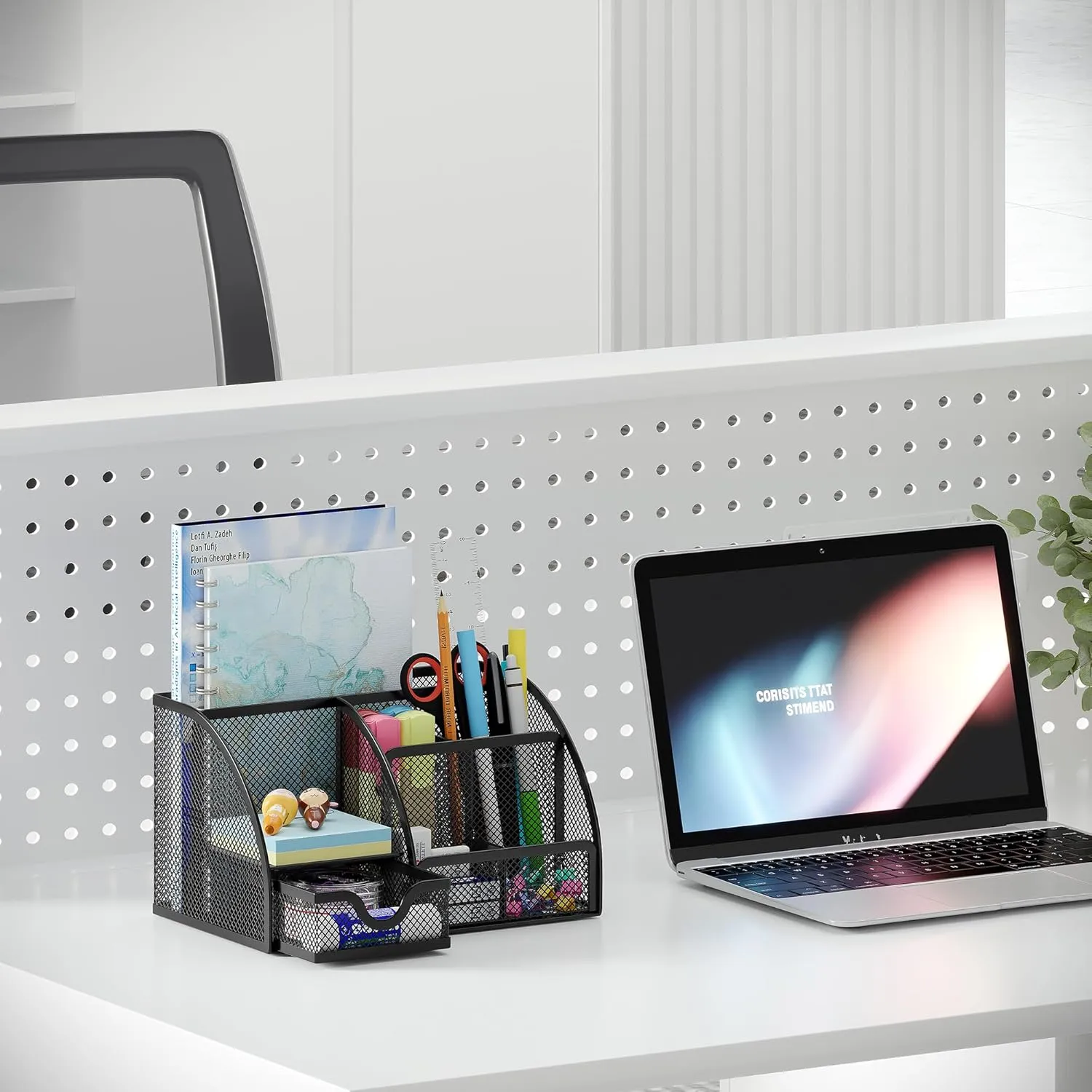 EasyPAG Mesh Desk Organizer for Women with Drawer - Multi-Functional Office & Makeup Storage, Anti-Scratch Pads, 5 Compartments, Durable Metal Mesh for Home, School, Classroom, Black