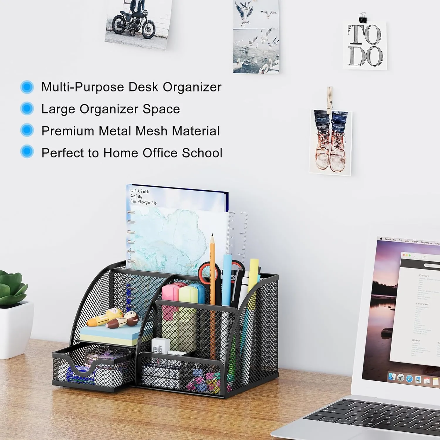 EasyPAG Mesh Desk Organizer for Women with Drawer - Multi-Functional Office & Makeup Storage, Anti-Scratch Pads, 5 Compartments, Durable Metal Mesh for Home, School, Classroom, Black