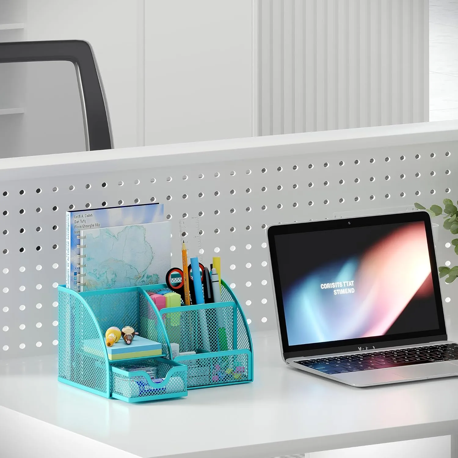 EasyPAG Mesh Desk Organizer for Women with Drawer - Multi-Functional Office & Makeup Storage, Anti-Scratch Pads, 5 Compartments, Durable Metal Mesh for Home, School, Classroom, Blue