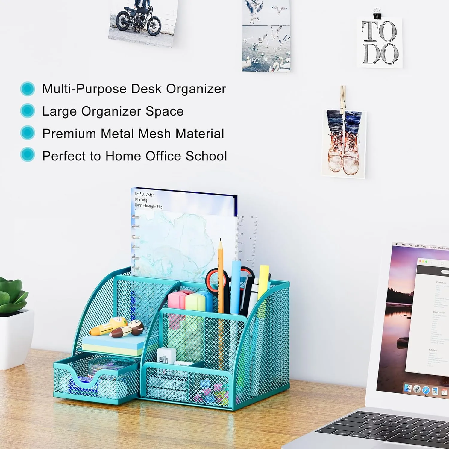 EasyPAG Mesh Desk Organizer for Women with Drawer - Multi-Functional Office & Makeup Storage, Anti-Scratch Pads, 5 Compartments, Durable Metal Mesh for Home, School, Classroom, Blue