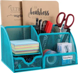 EasyPAG Mesh Desk Organizer for Women with Drawer - Multi-Functional Office & Makeup Storage, Anti-Scratch Pads, 5 Compartments, Durable Metal Mesh for Home, School, Classroom, Blue