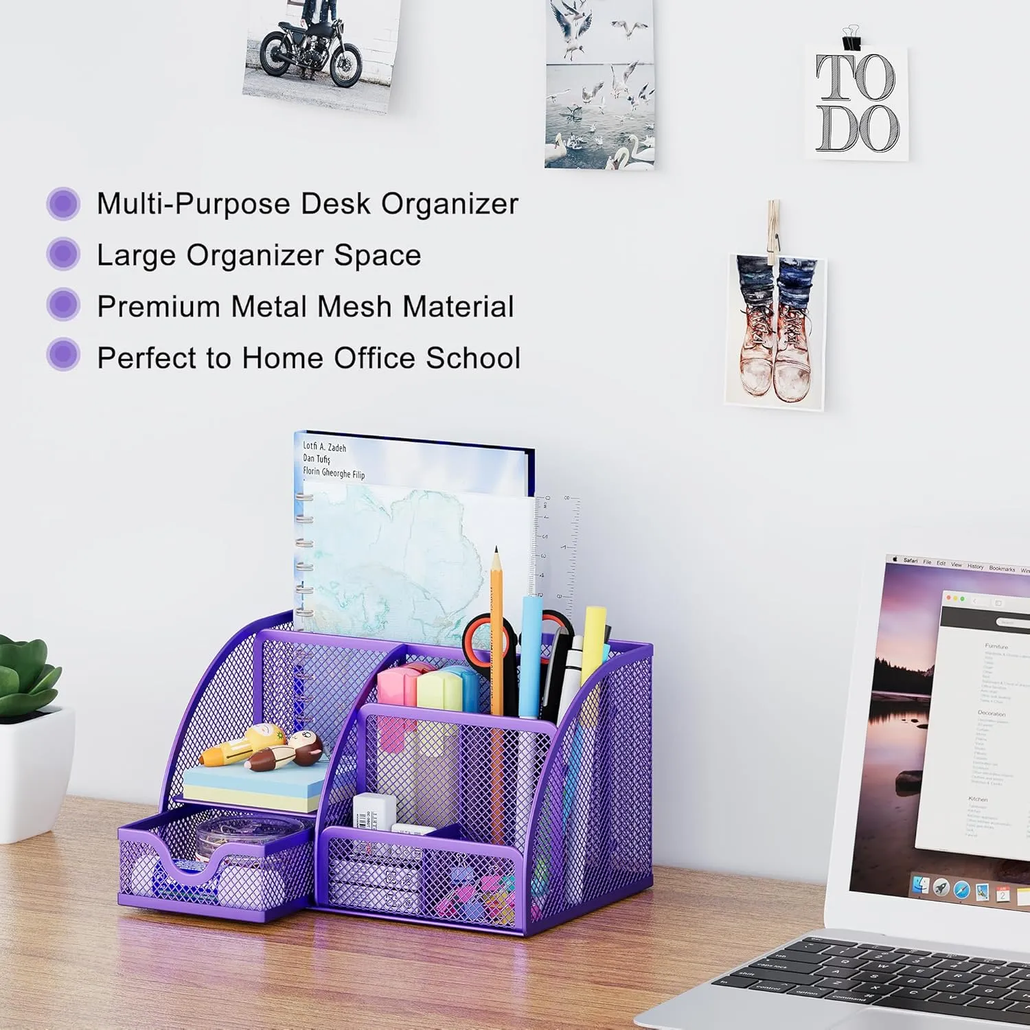 EasyPAG Mesh Desk Organizer for Women with Drawer - Multi-Functional Office & Makeup Storage, Anti-Scratch Pads, 5 Compartments, Durable Metal Mesh for Home, School, Classroom, Purple