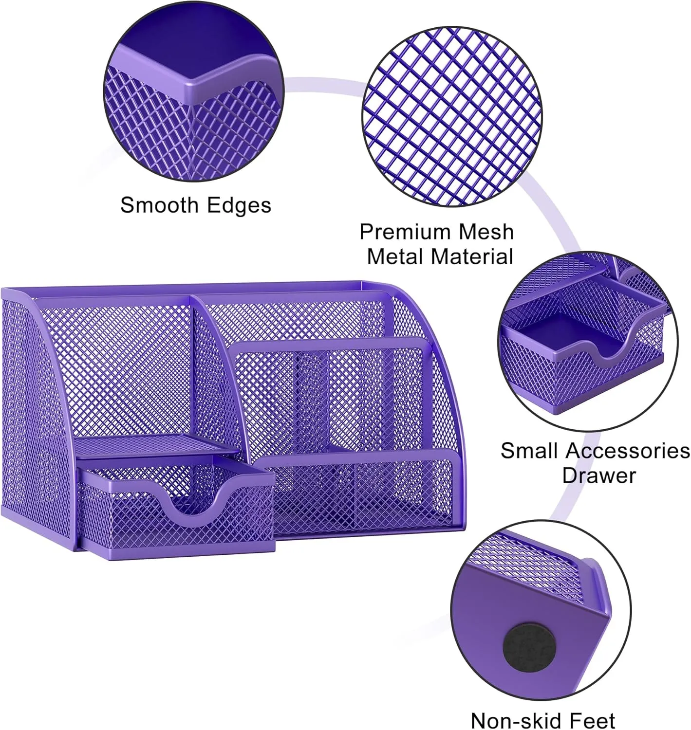 EasyPAG Mesh Desk Organizer for Women with Drawer - Multi-Functional Office & Makeup Storage, Anti-Scratch Pads, 5 Compartments, Durable Metal Mesh for Home, School, Classroom, Purple