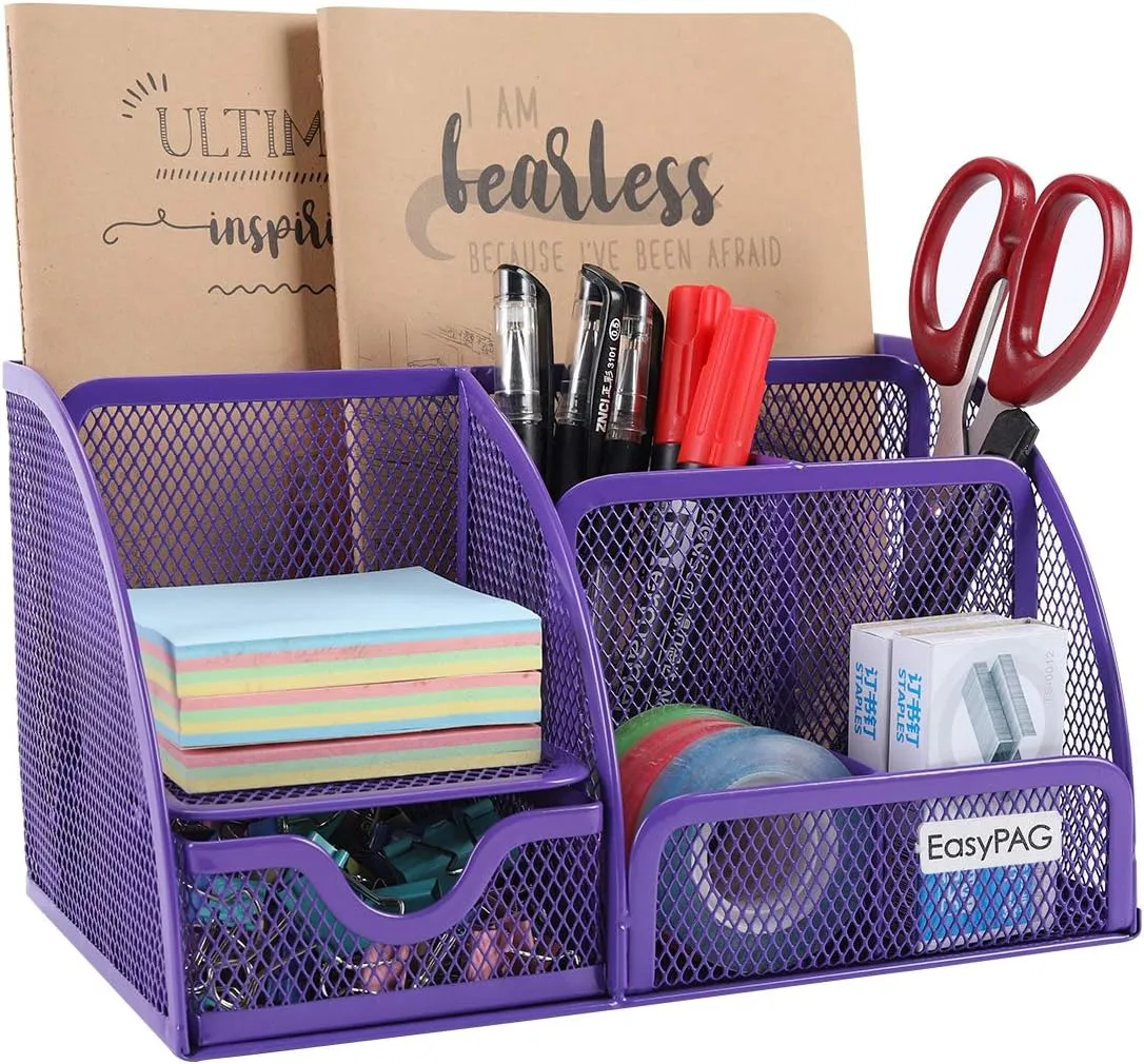 EasyPAG Mesh Desk Organizer for Women with Drawer - Multi-Functional Office & Makeup Storage, Anti-Scratch Pads, 5 Compartments, Durable Metal Mesh for Home, School, Classroom, Purple