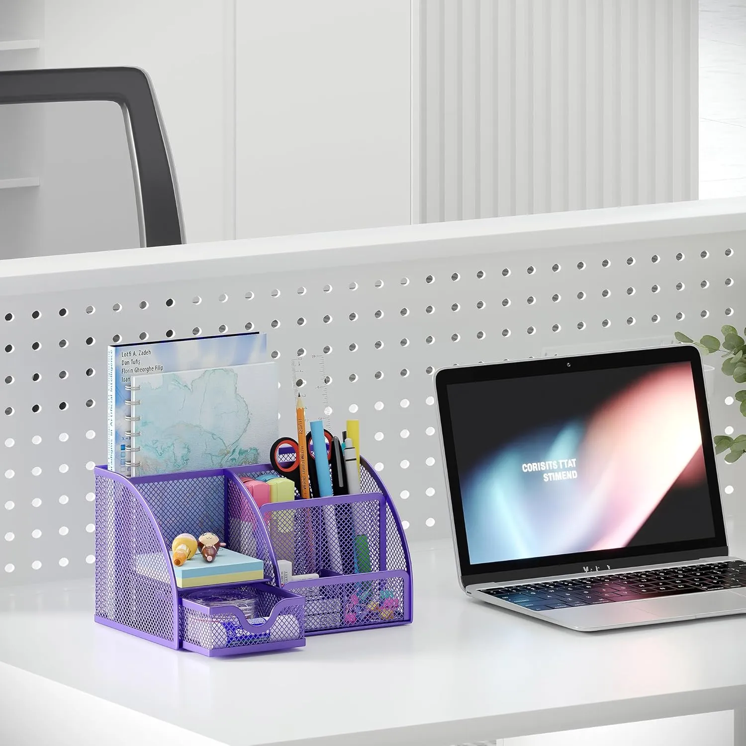 EasyPAG Mesh Desk Organizer for Women with Drawer - Multi-Functional Office & Makeup Storage, Anti-Scratch Pads, 5 Compartments, Durable Metal Mesh for Home, School, Classroom, Purple