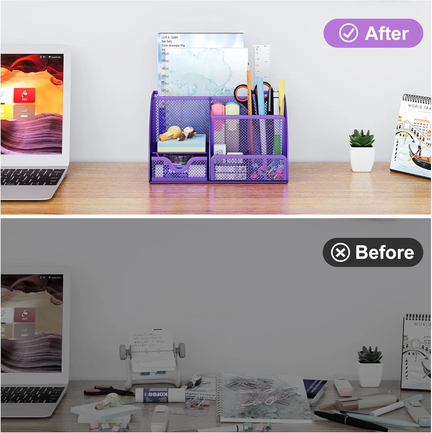 EasyPAG Mesh Desk Organizer for Women with Drawer - Multi-Functional Office & Makeup Storage, Anti-Scratch Pads, 5 Compartments, Durable Metal Mesh for Home, School, Classroom, Purple