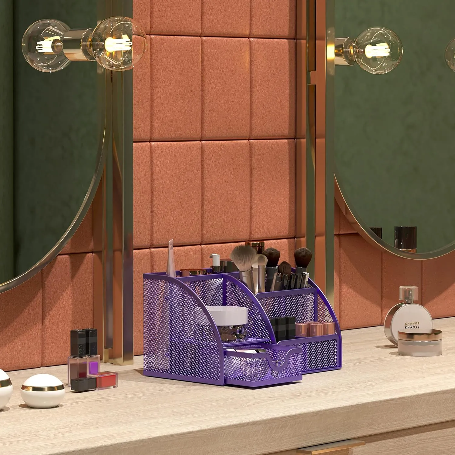 EasyPAG Mesh Desk Organizer for Women with Drawer - Multi-Functional Office & Makeup Storage, Anti-Scratch Pads, 5 Compartments, Durable Metal Mesh for Home, School, Classroom, Purple