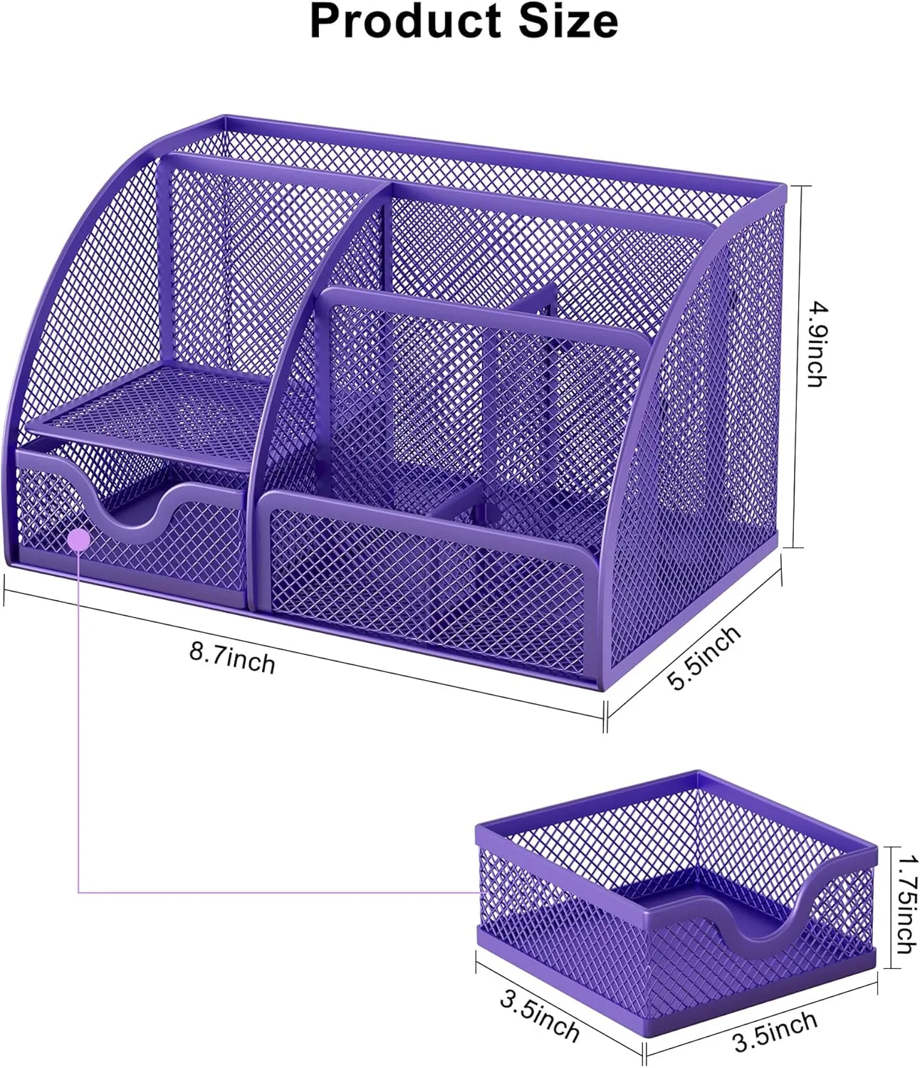 EasyPAG Mesh Desk Organizer for Women with Drawer - Multi-Functional Office & Makeup Storage, Anti-Scratch Pads, 5 Compartments, Durable Metal Mesh for Home, School, Classroom, Purple