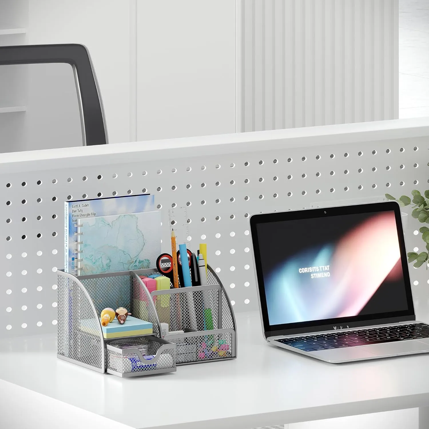 EasyPAG Mesh Desk Organizer for Women with Drawer - Multi-Functional Office & Makeup Storage, Anti-Scratch Pads, 5 Compartments, Durable Metal Mesh for Home, School, Classroom, Silver