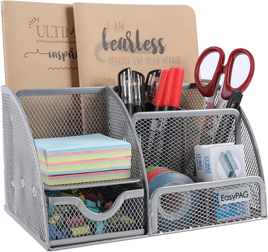 EasyPAG Mesh Desk Organizer for Women with Drawer - Multi-Functional Office & Makeup Storage, Anti-Scratch Pads, 5 Compartments, Durable Metal Mesh for Home, School, Classroom, Silver