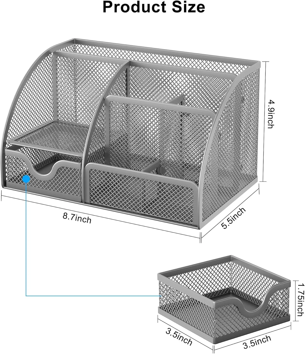EasyPAG Mesh Desk Organizer for Women with Drawer - Multi-Functional Office & Makeup Storage, Anti-Scratch Pads, 5 Compartments, Durable Metal Mesh for Home, School, Classroom, Silver
