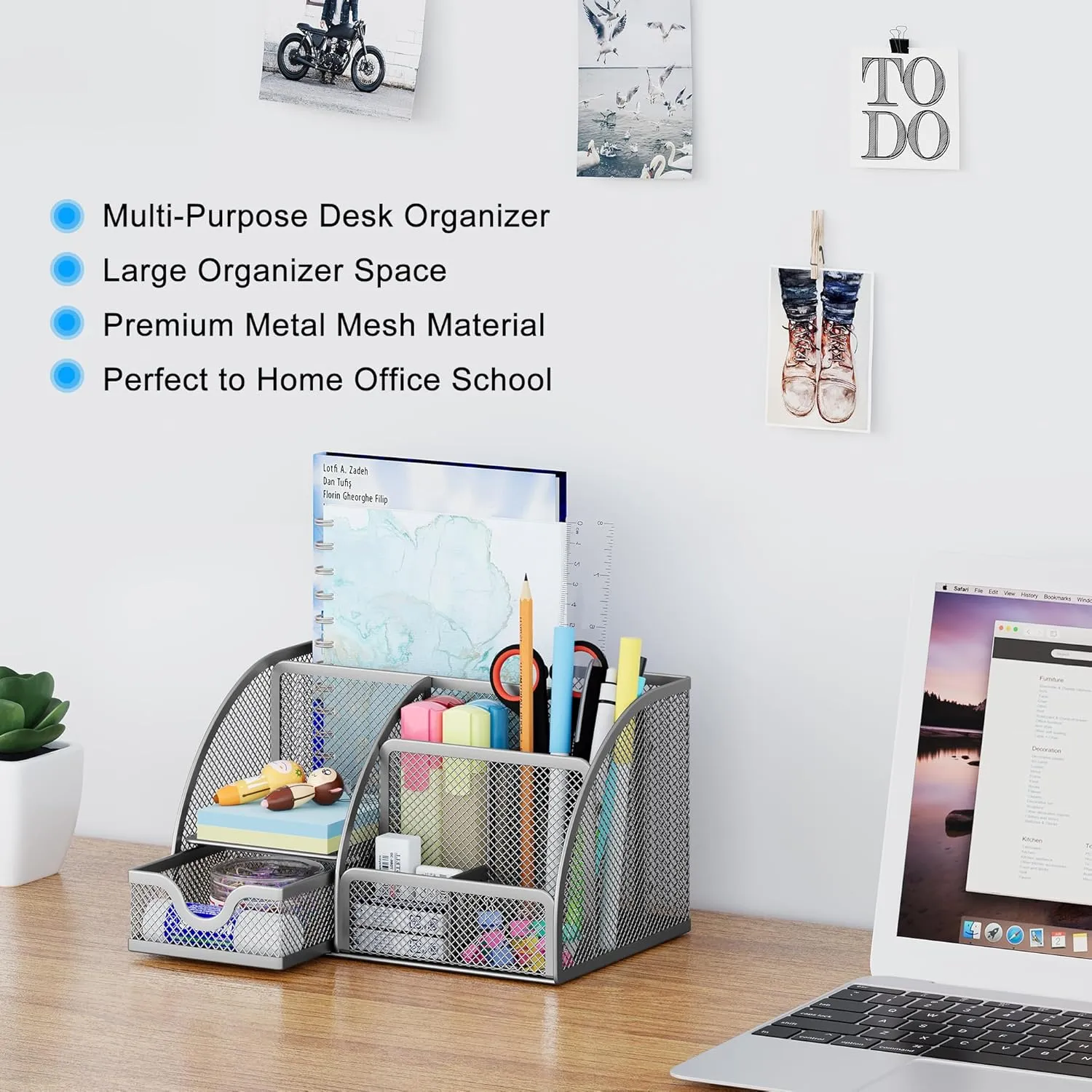EasyPAG Mesh Desk Organizer for Women with Drawer - Multi-Functional Office & Makeup Storage, Anti-Scratch Pads, 5 Compartments, Durable Metal Mesh for Home, School, Classroom, Silver