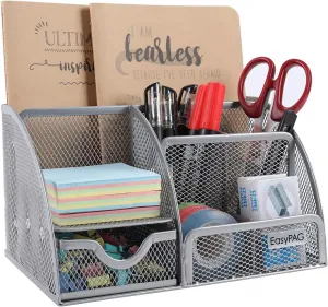 EasyPAG Mesh Desk Organizer for Women with Drawer - Multi-Functional Office & Makeup Storage, Anti-Scratch Pads, 5 Compartments, Durable Metal Mesh for Home, School, Classroom, Silver